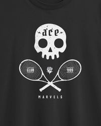 Black t-shirt with white skull and crossed tennis rackets design on a plain background