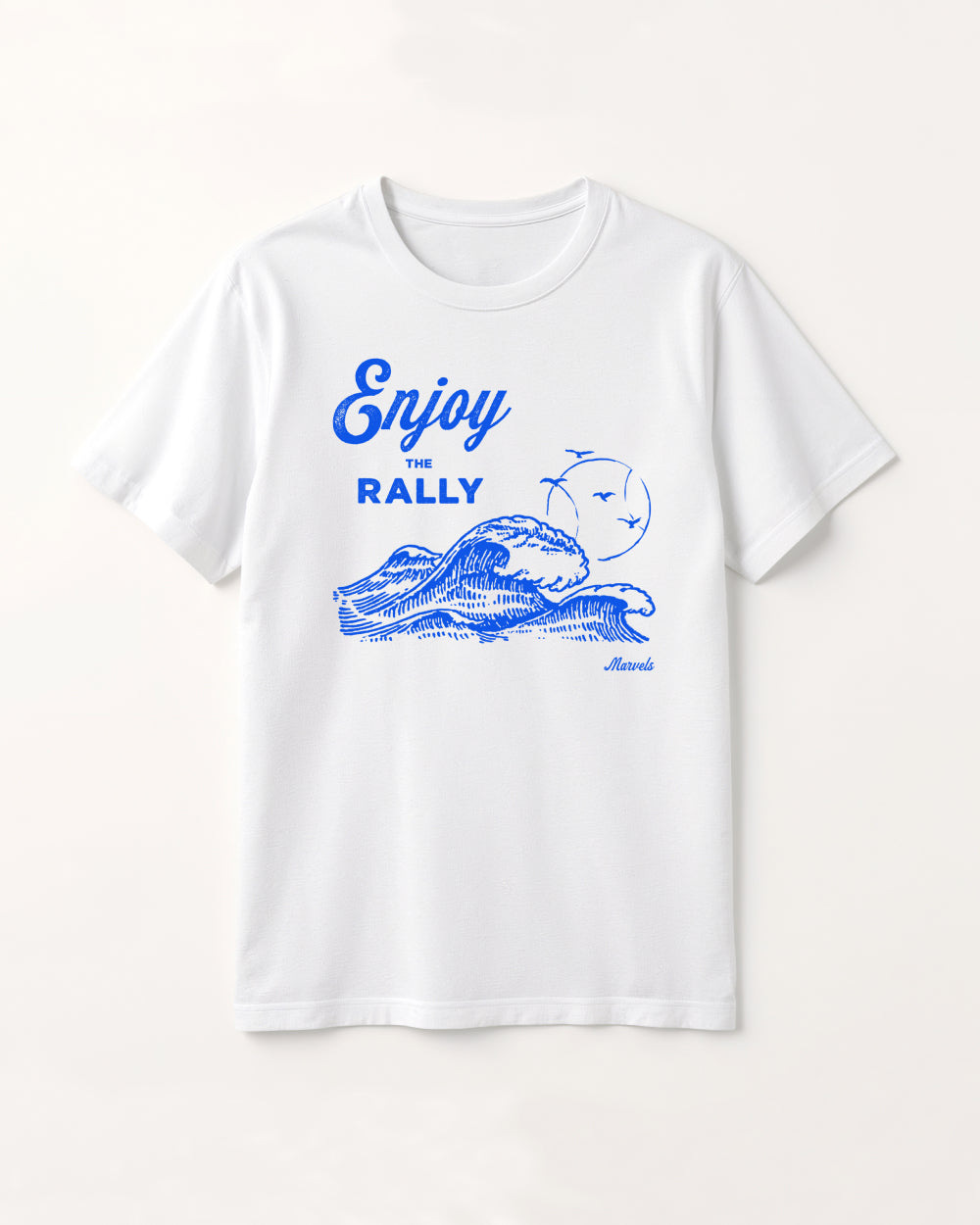 White t-shirt with blue tennis graphic and text 'Enjoy the Rally' on a white background