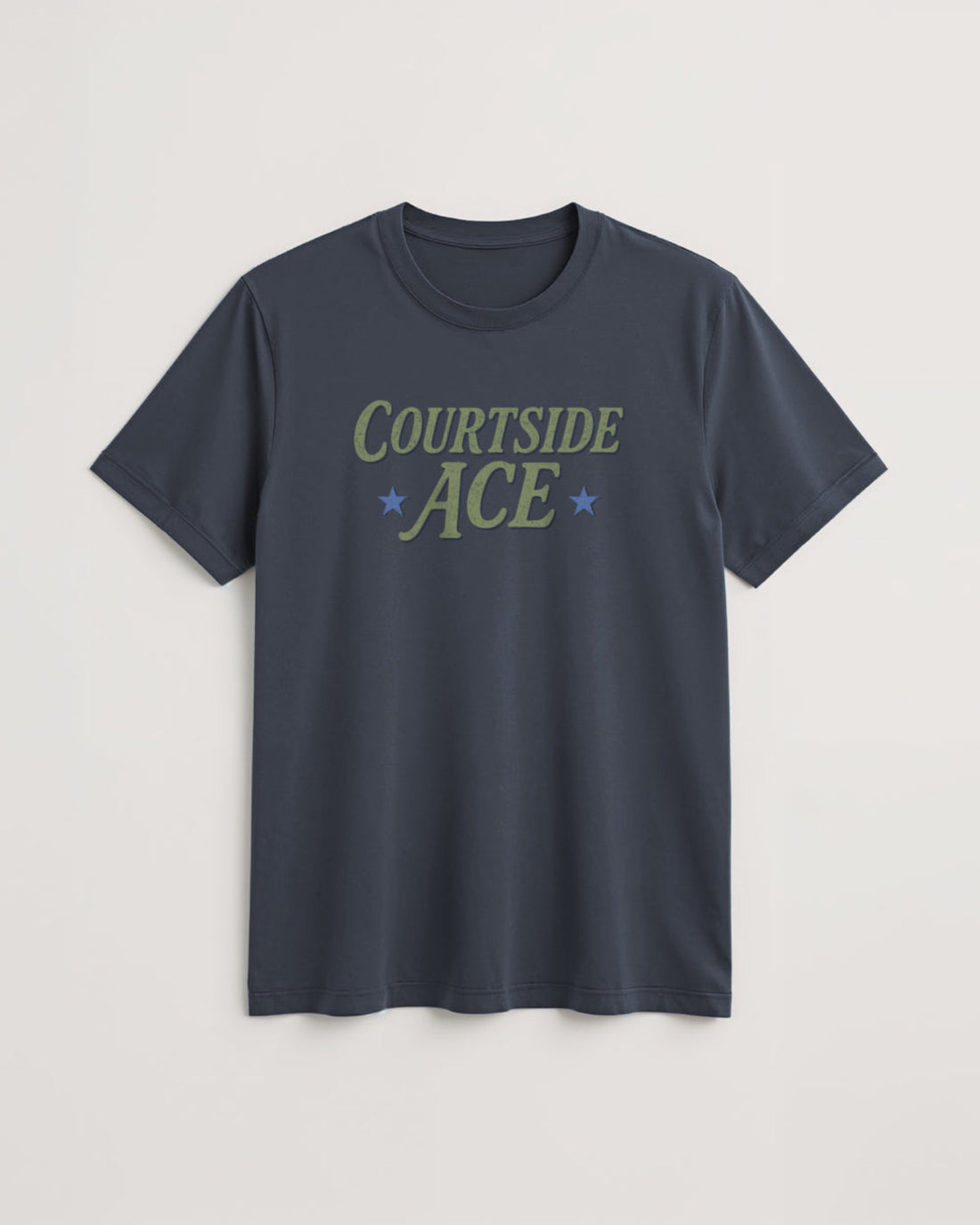 Grey blue tennis t-shirt with 'Courtside ACE' text on a light background