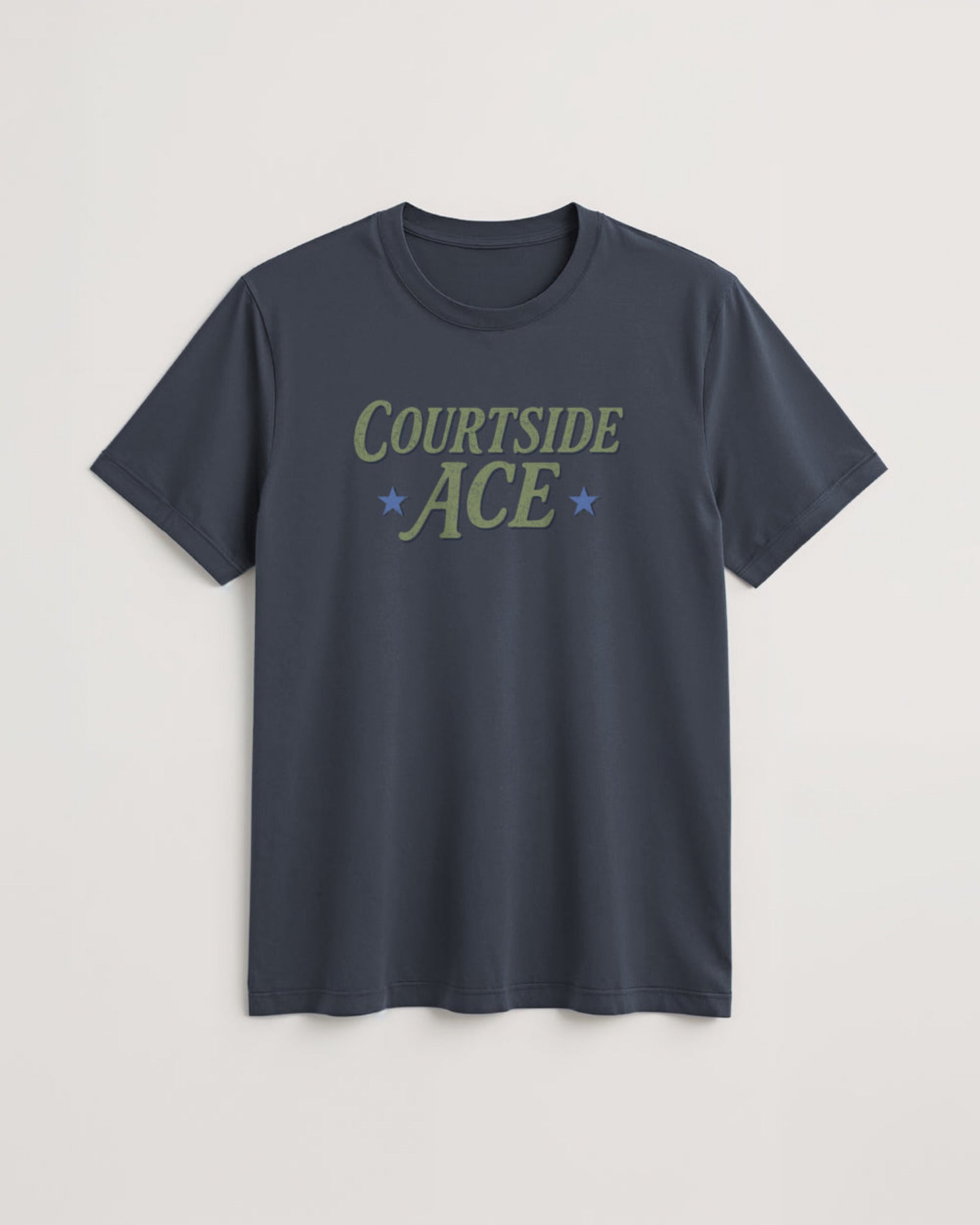 Grey blue tennis t-shirt with 'Courtside ACE' text on a light background