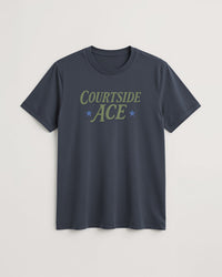Grey blue tennis t-shirt with 'Courtside ACE' text on a light background