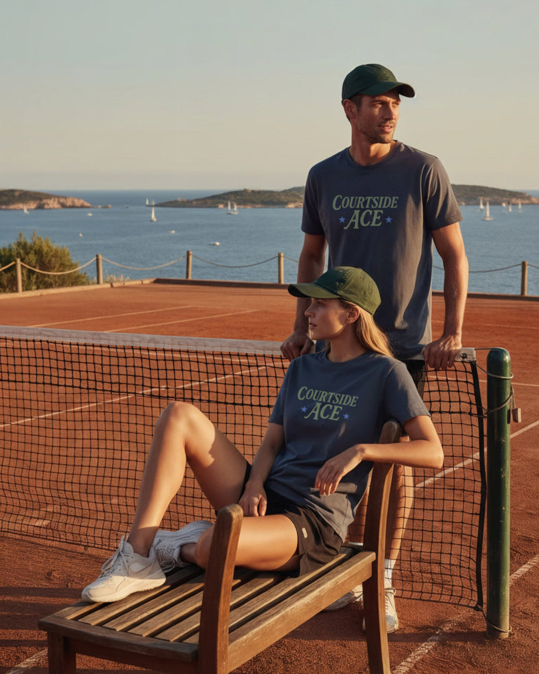 Two people on a tennis court with a scenic ocean view in the background
