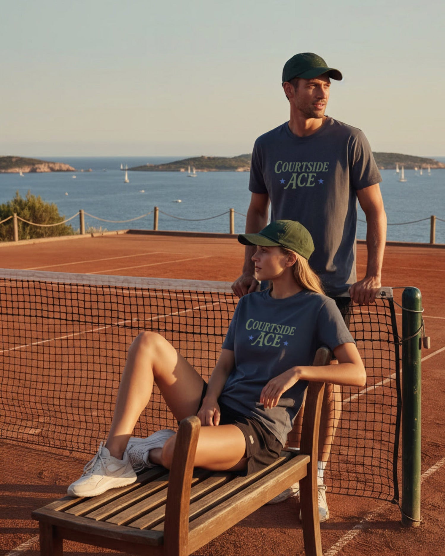 Two people on a tennis court with a scenic ocean view in the background