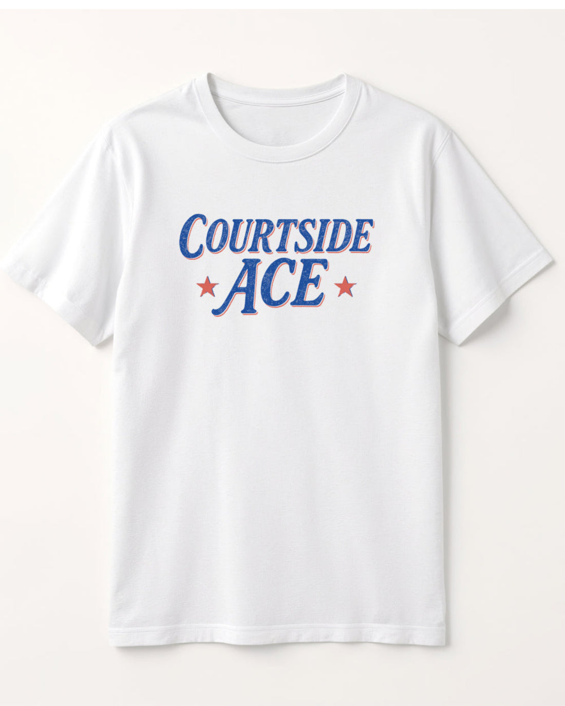 White t-shirt with 'Courtside ACE' text on a white background