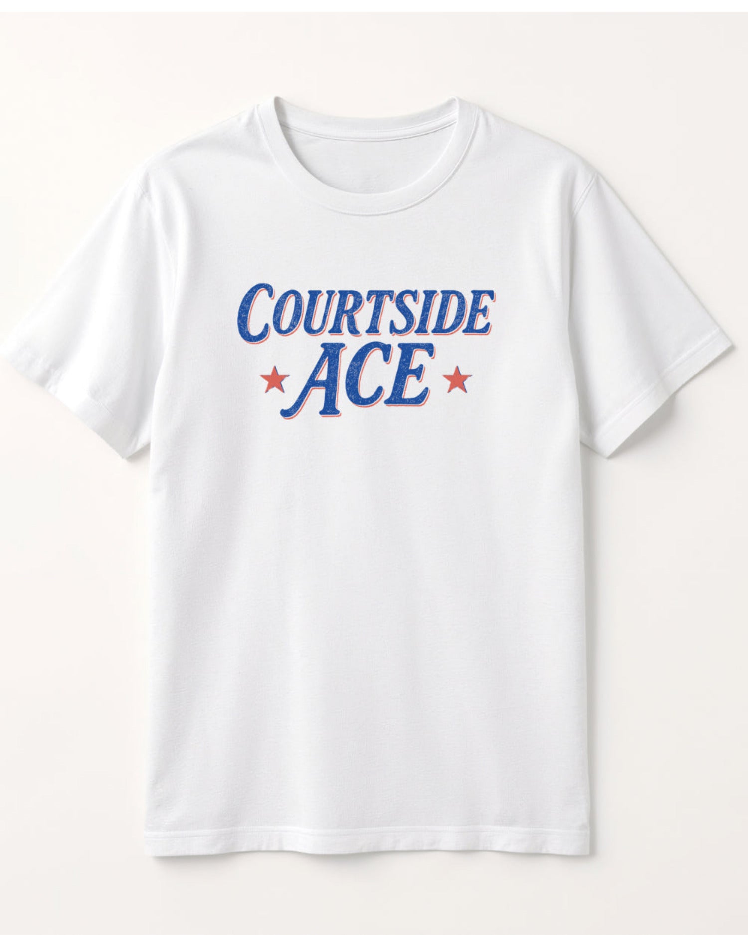 White t-shirt with 'Courtside ACE' text on a white background