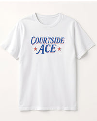 White t-shirt with 'Courtside ACE' text on a white background
