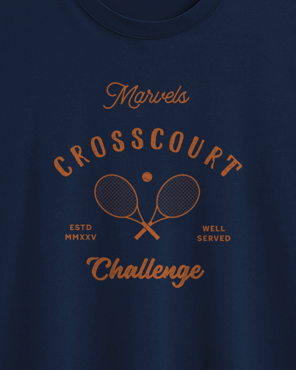 Navy blue t-shirt with orange text and tennis racket design on a navy background