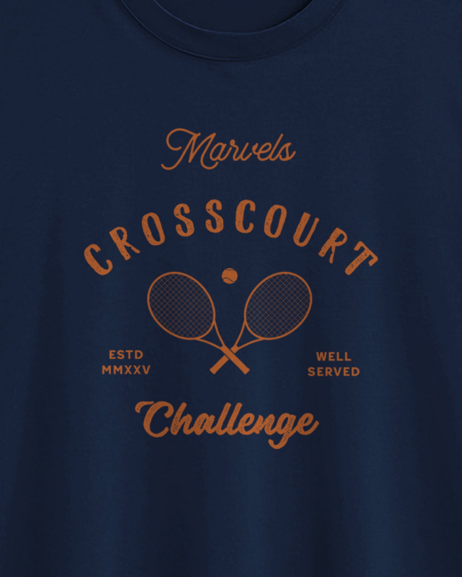 Navy blue t-shirt with orange text and tennis racket design on a navy background