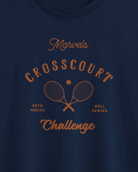 Navy blue t-shirt with orange text and tennis racket design on a navy background
