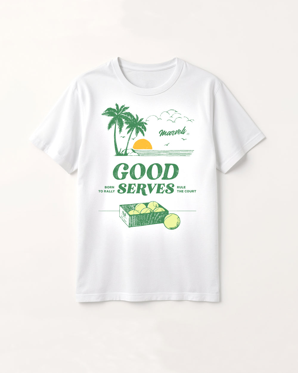 White t-shirt with tennis-themed graphic and text that reads, 'Good Serves', on a white background