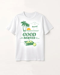 White t-shirt with tennis-themed graphic and text that reads, 'Good Serves', on a white background