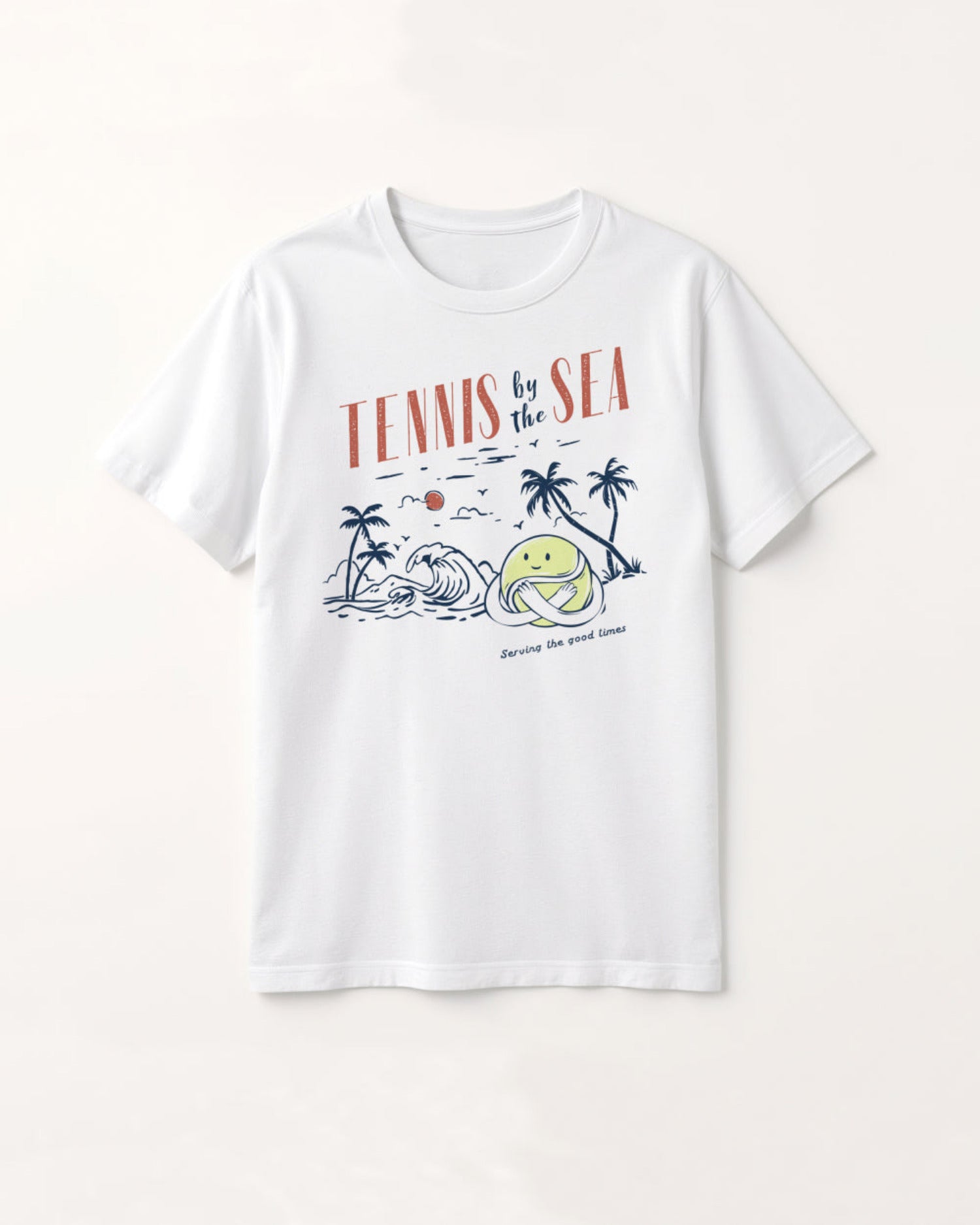 Vintage-style white t-shirt with 'Tennis by the Sea' graphic design