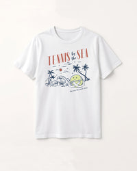 Vintage-style white t-shirt with 'Tennis by the Sea' graphic design