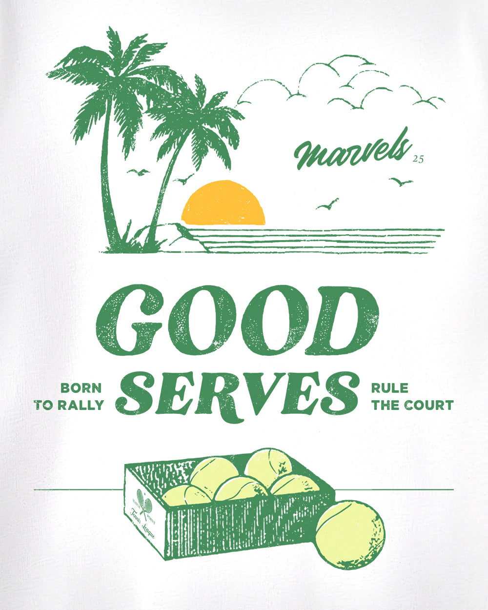 Vintage-style graphic with palm trees, sun, and tennis elements on a plain background.