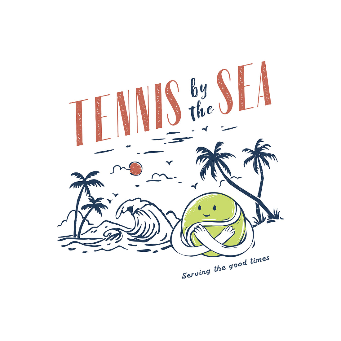 Illustration of a tennis ball with a palm tree and ocean waves, featuring 'Tennis by the Sea' text.
