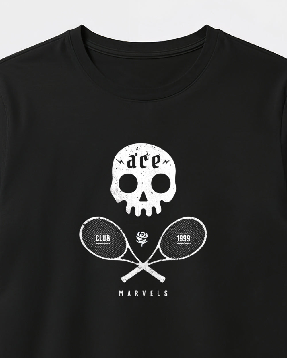 Black t-shirt with white skull and tennis racket design on a plain background