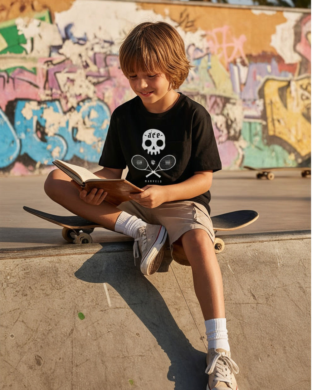 Child sitting on a skateboard reading a book with graffiti in the background