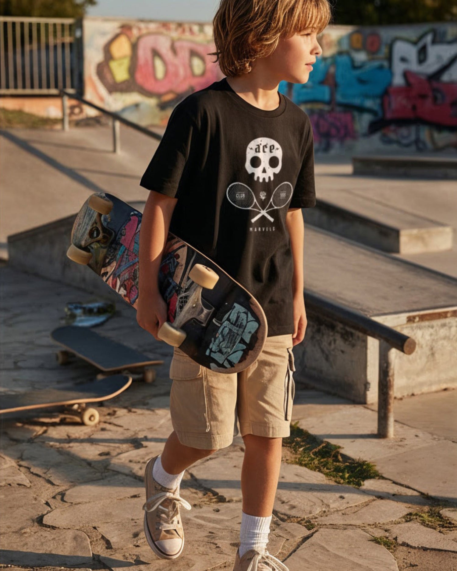 Child holding a skateboard in a skate park with graffiti in the background