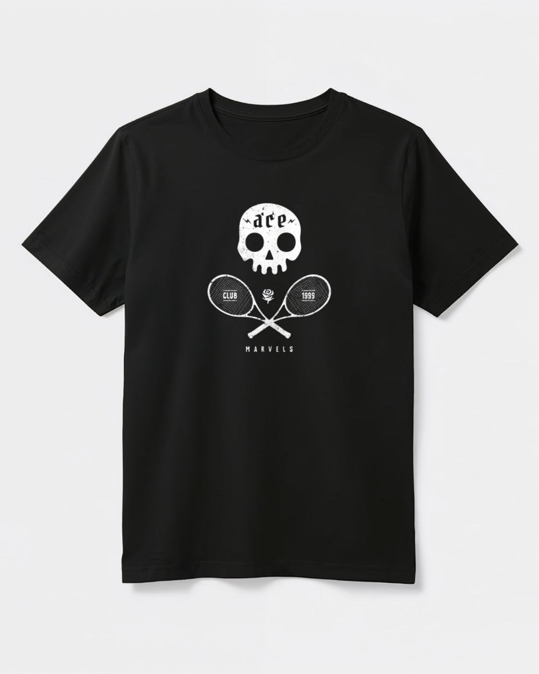Black t-shirt with white skull and crossed tennis rackets design on a light background