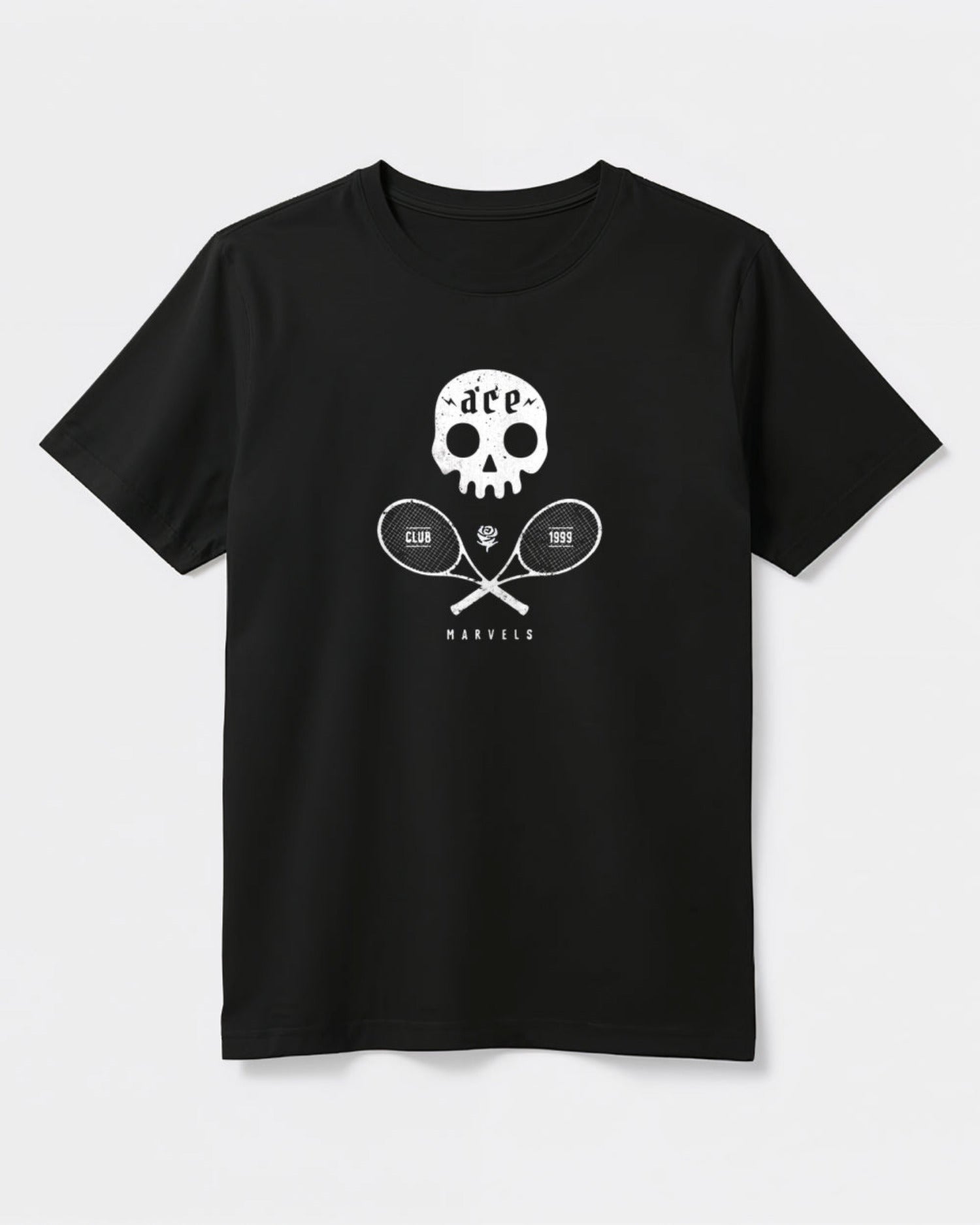 Black t-shirt with white skull and crossed tennis rackets design on a light background