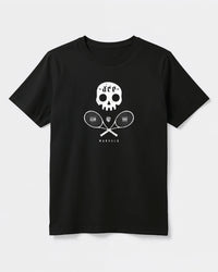 Black t-shirt with white skull and crossed tennis rackets design on a light background
