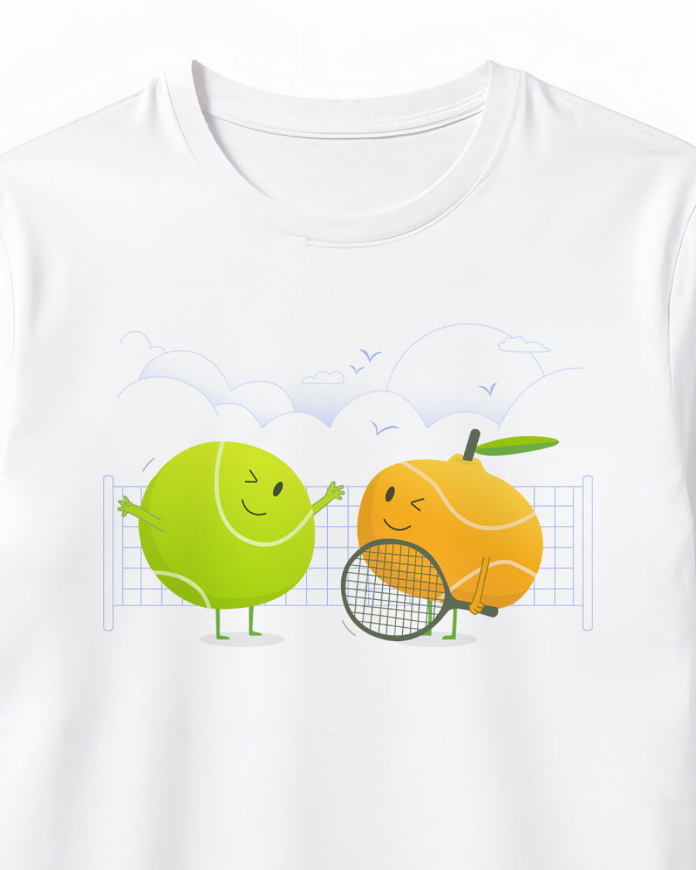 White t-shirt with cartoon tennis ball and orange design on a white background