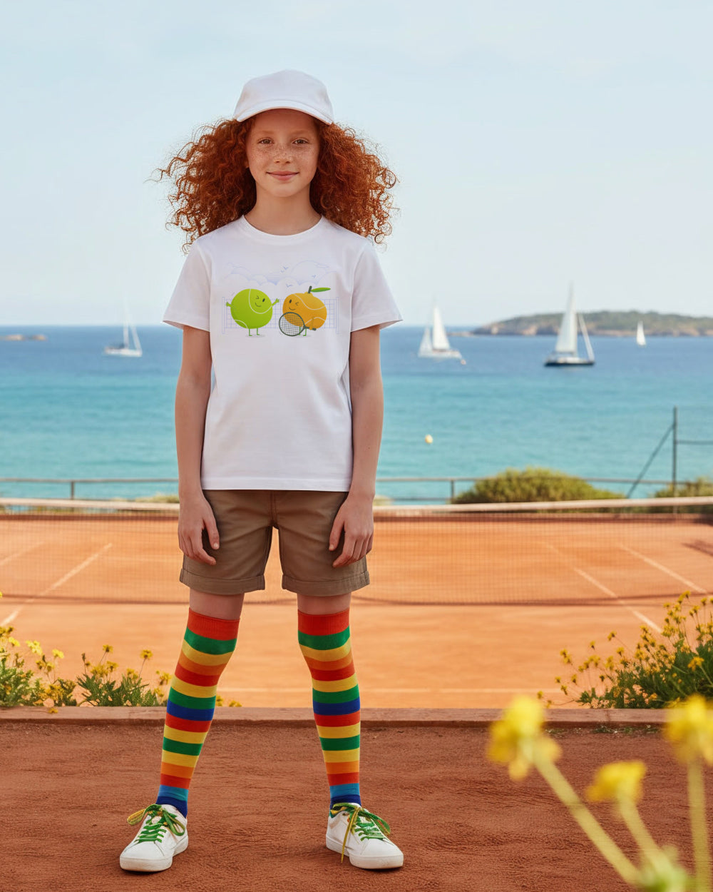 Child wearing a white t-shirt with tennis graphics, shorts, and colorful socks standing on a tennis court with a scenic seaside background.