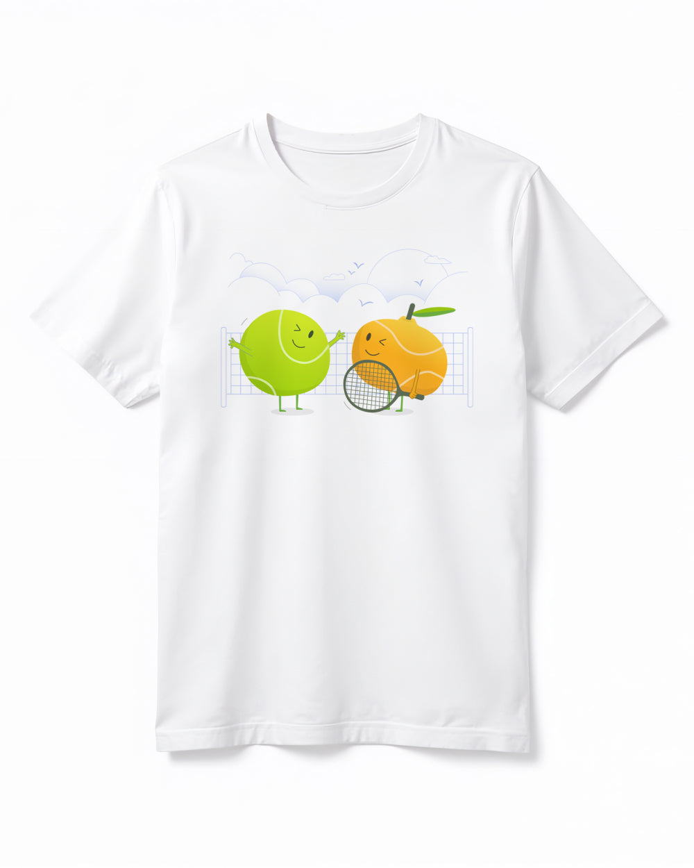 White t-shirt with cartoon characters holding a tennis racket on a white background