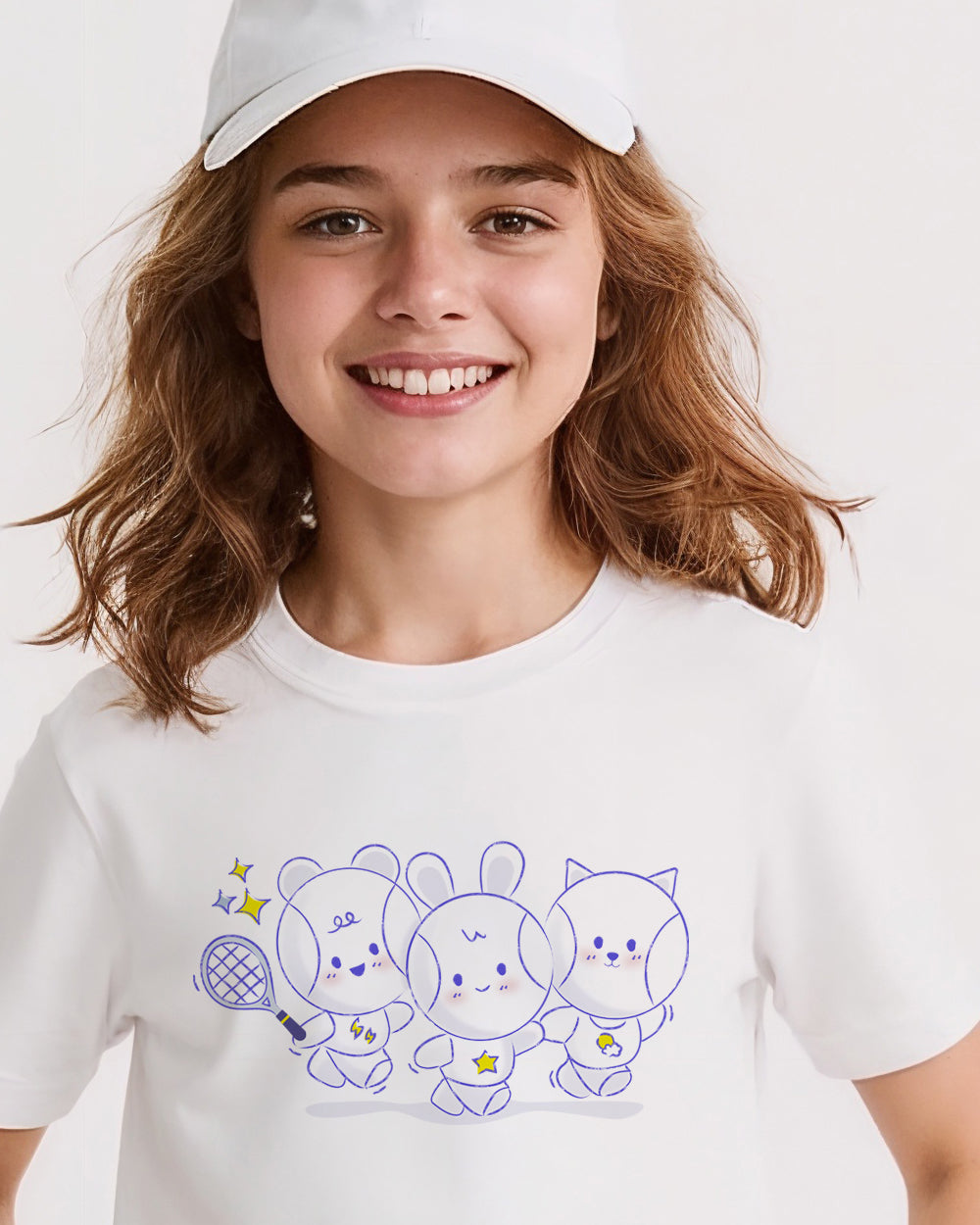 Girl wearing a white t-shirt with cartoon tennis ball graphics