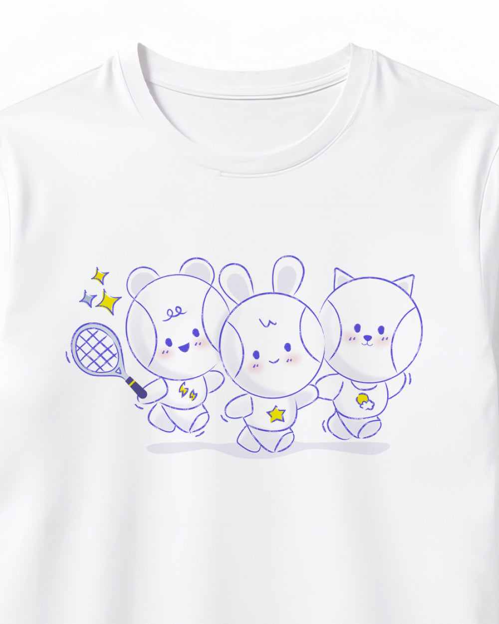 White t-shirt with cartoon tennis ball characters design