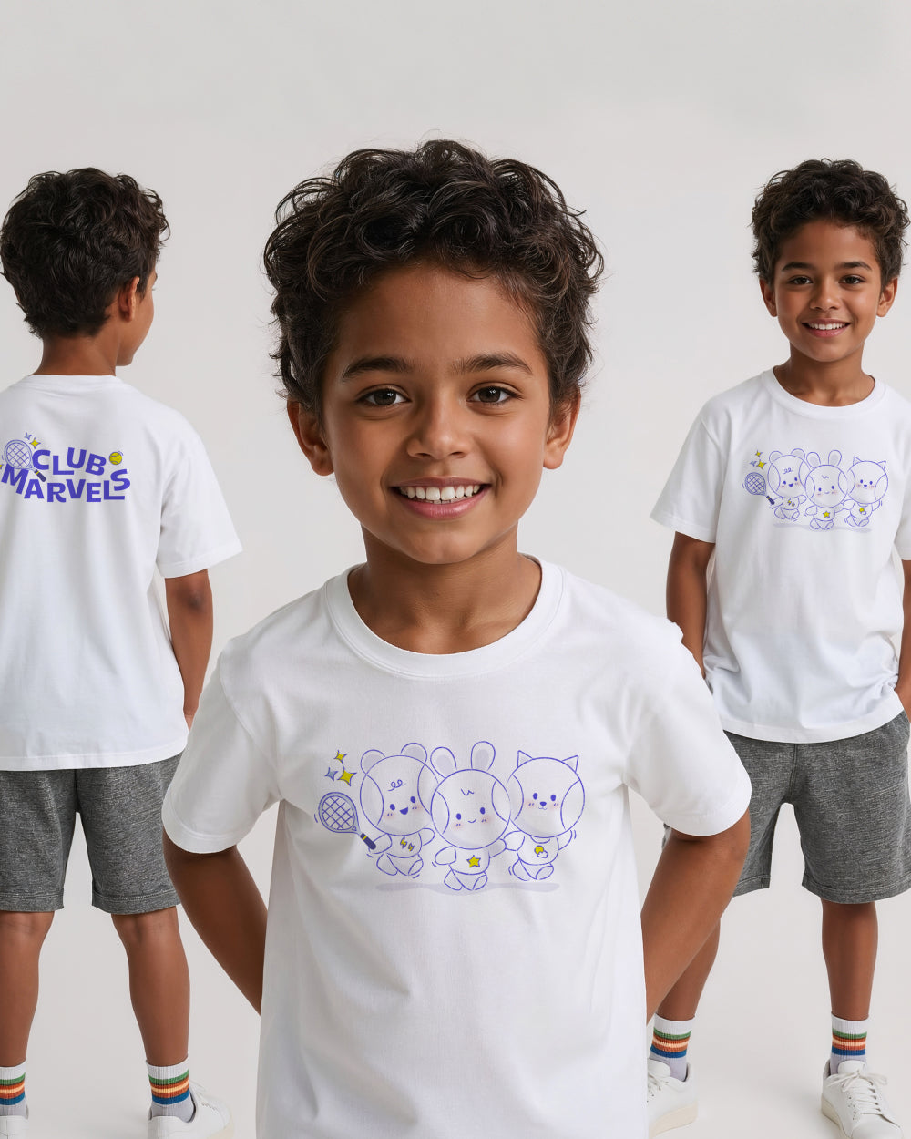 Three children wearing white t-shirts with cartoon tennis ball characters design