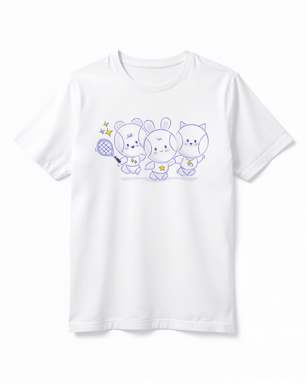 White t-shirt with cartoon tennis ball characters design