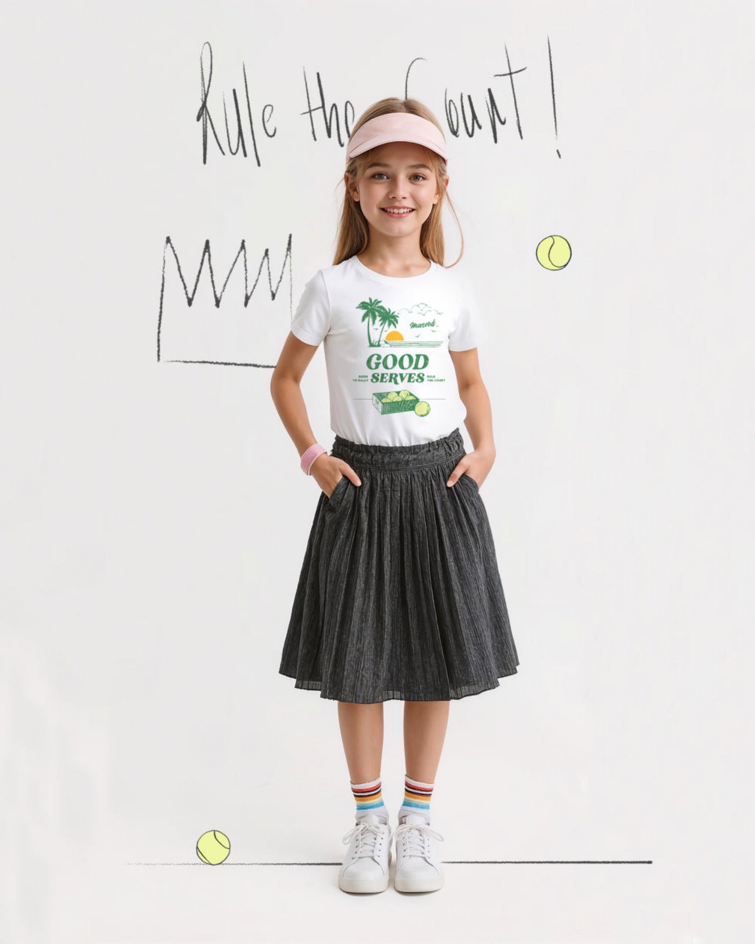 Young girl in sports attire with 'Good Serves' t-shirt and tennis-themed background