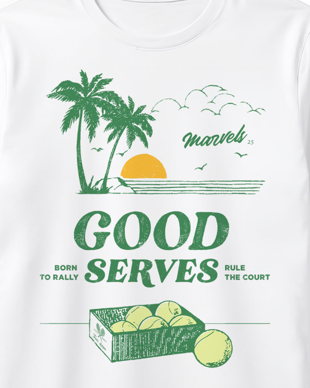 White t-shirt with tennis-themed graphic that reads 'Good Serves'