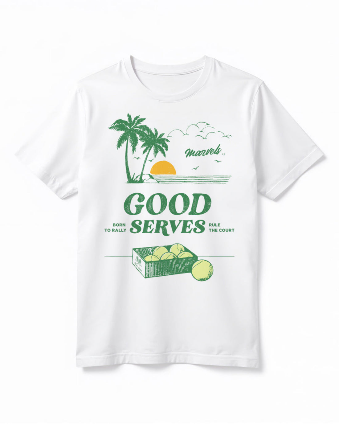 White tennis t-shirt with graphic design featuring palm trees, a sun, and text that reads 'Good Serves'