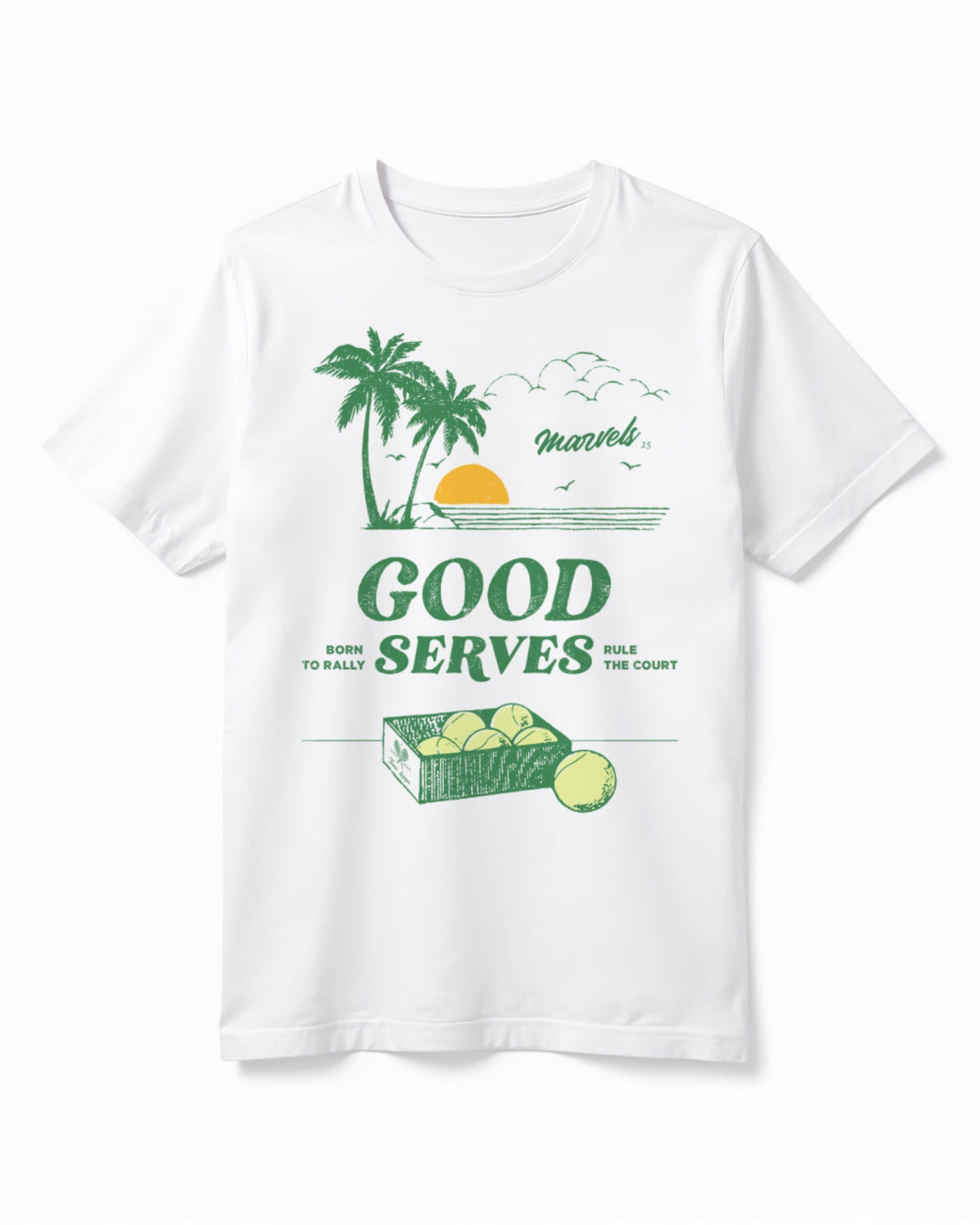 White tennis t-shirt with graphic design featuring palm trees, a sun, and text that reads 'Good Serves'