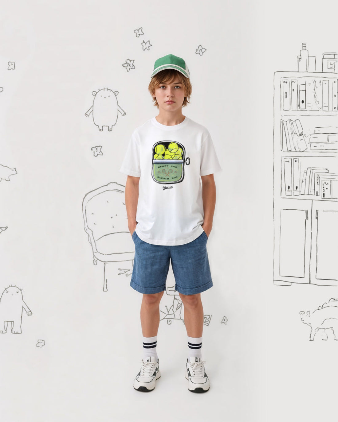 Child wearing a white tennis t-shirt with a graphic design, blue shorts, and a green cap in a room with doodles on the wall.
