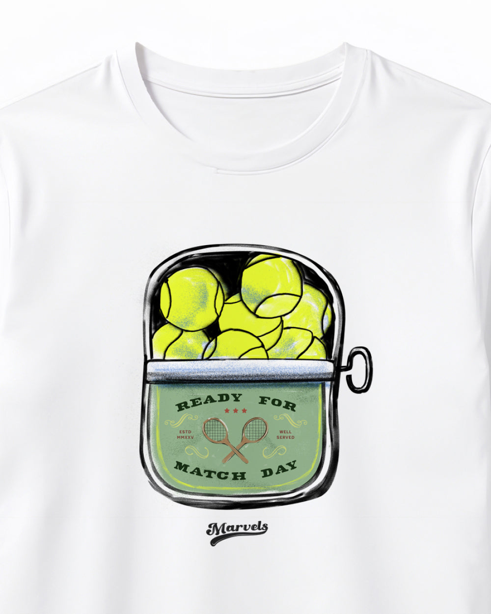 White t-shirt with a graphic of tennis balls in a case and 'Marvels' branding.