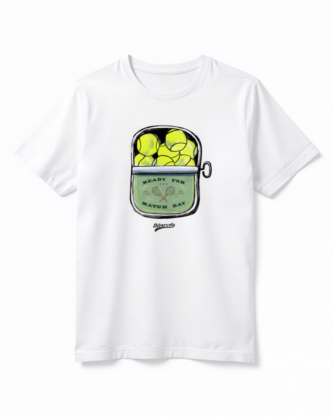 White t-shirt with tennis ball graphic