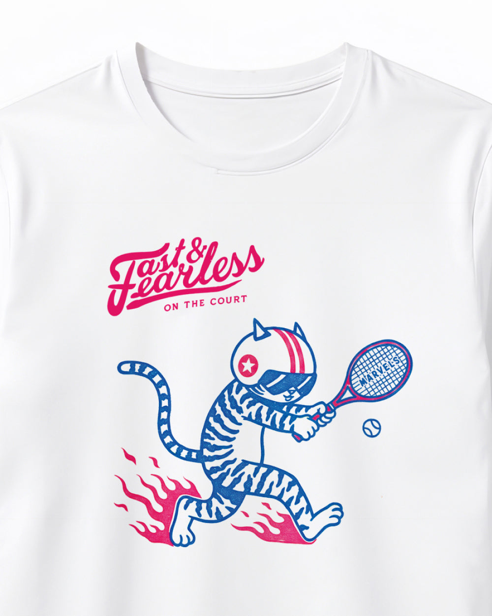 White t-shirt with a cat holding a tennis racket on a white background