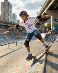 Kid at a skateboard park doing a trick wearing a t-shirt with  tennis cat graphic