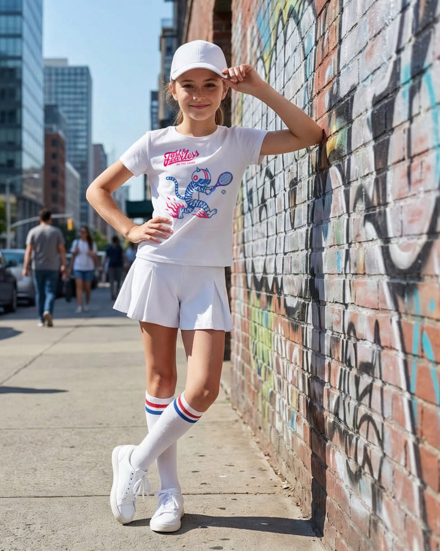 Kid wearing a white t-shirt with a tennis graphic design, white shorts, and white sneakers against a graffiti-covered wall.