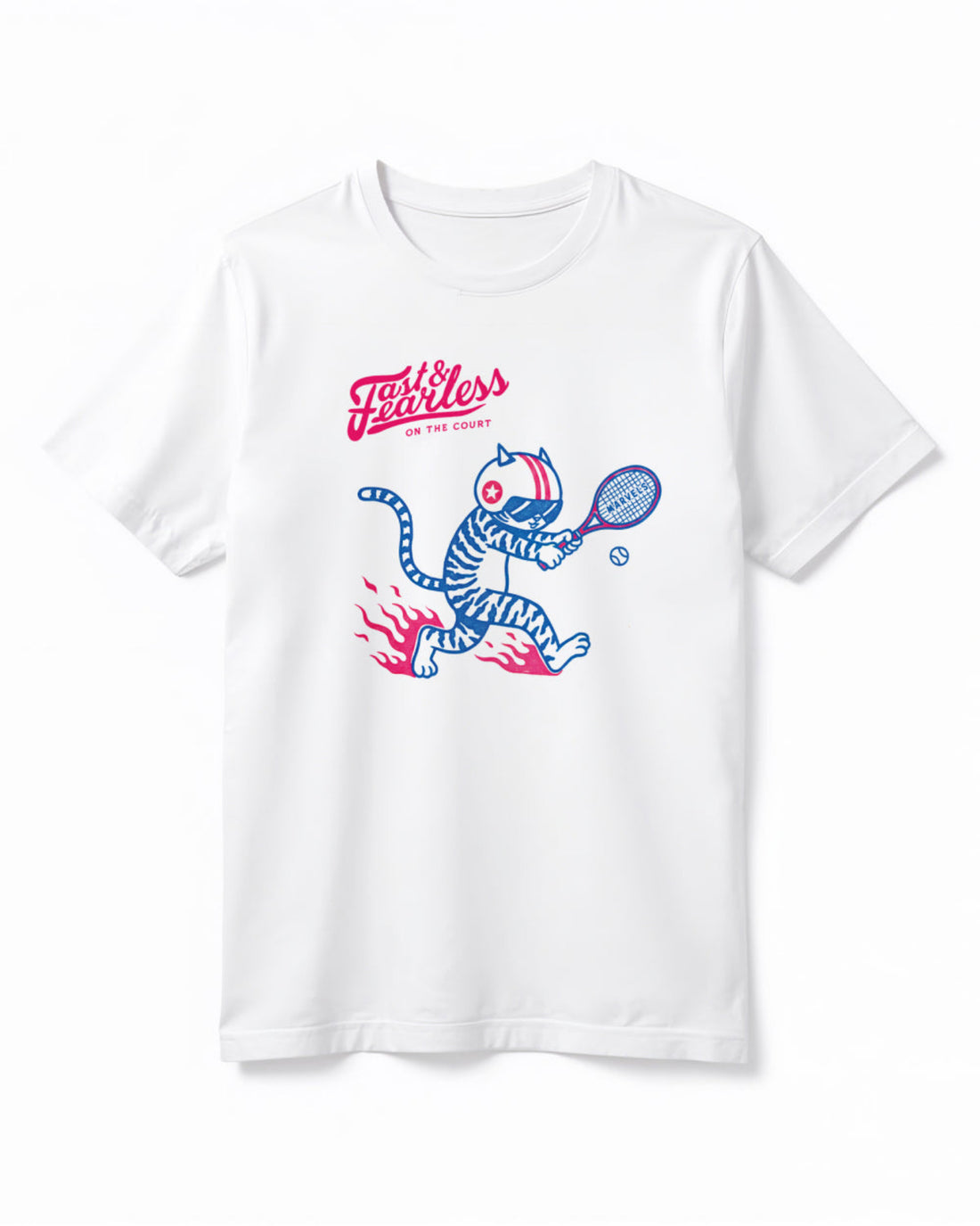 White t-shirt with a graphic of a cat holding a tennis racket and text on a white background