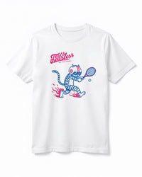 White t-shirt with a graphic of a cat holding a tennis racket and text on a white background