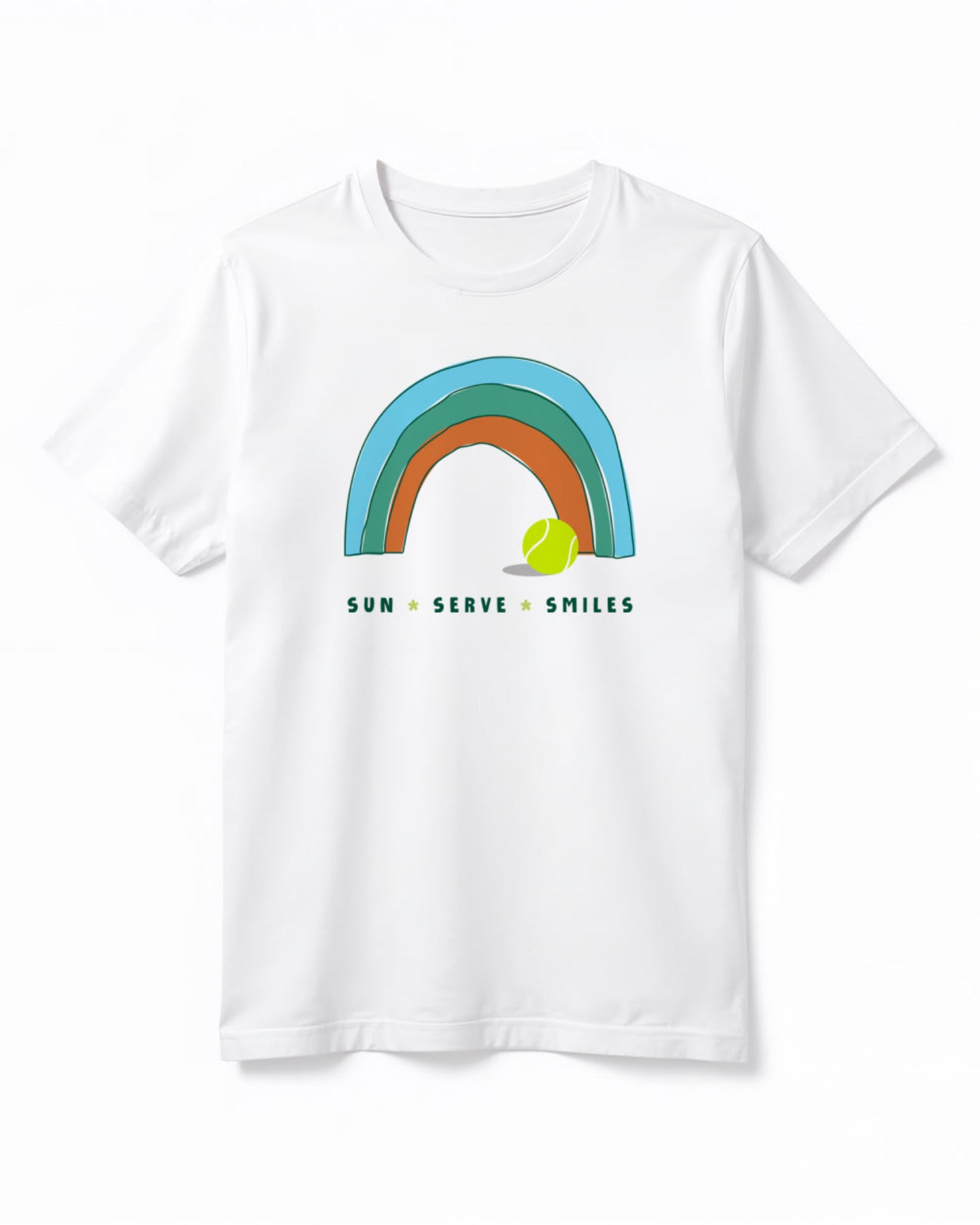 White t-shirt with a colorful rainbow and tennis ball graphic on a white background