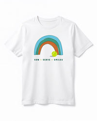 White t-shirt with a colorful rainbow and tennis ball graphic on a white background