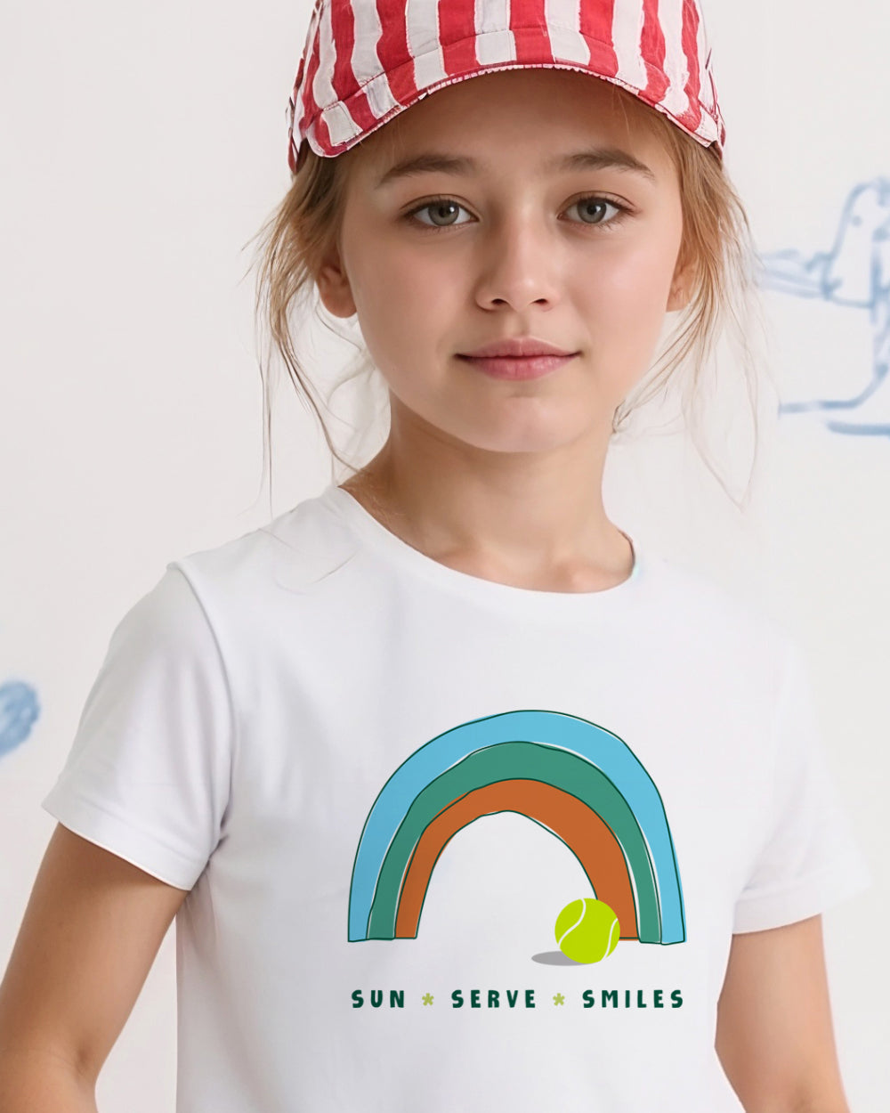 Child wearing a white t-shirt with a rainbow and tennis ball design