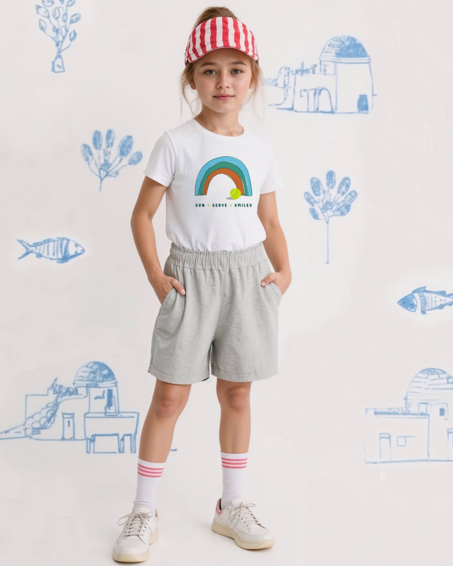 Child wearing a white tennis t-shirt with a rainbow design, gray shorts, and a red and white striped visor