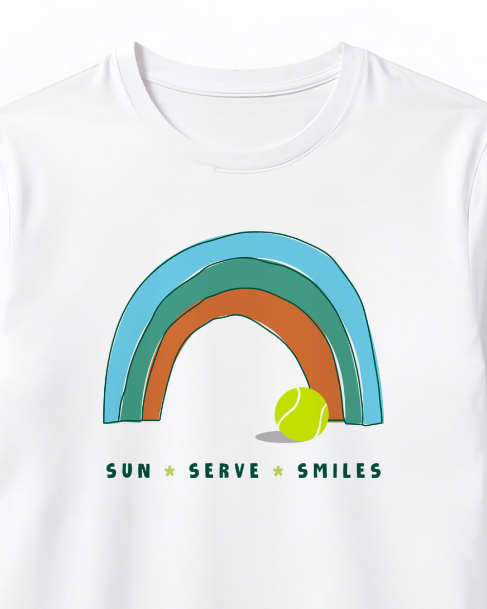 White t-shirt with a rainbow and tennis ball design on a white background