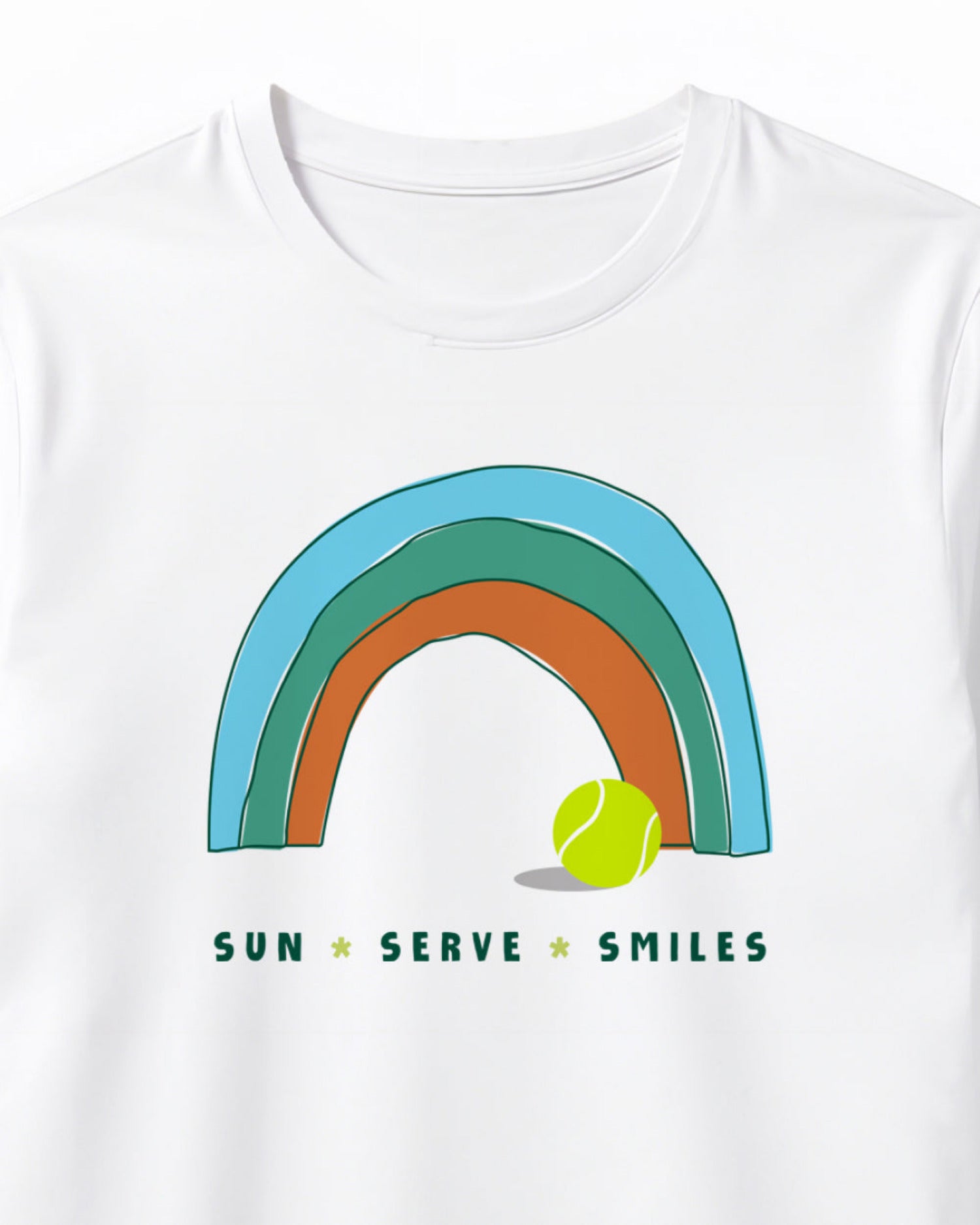 White t-shirt with a rainbow and tennis ball design on a white background
